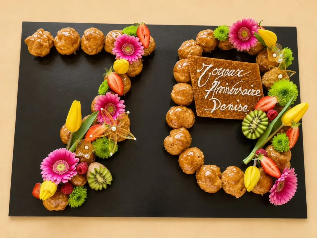 Gâteau en forme de chiffre 20 en choux et fleurs