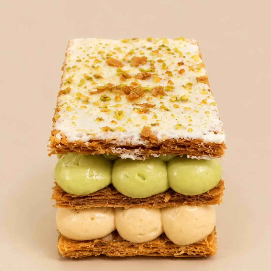 Mille-feuille pistache et crème sur fond beige